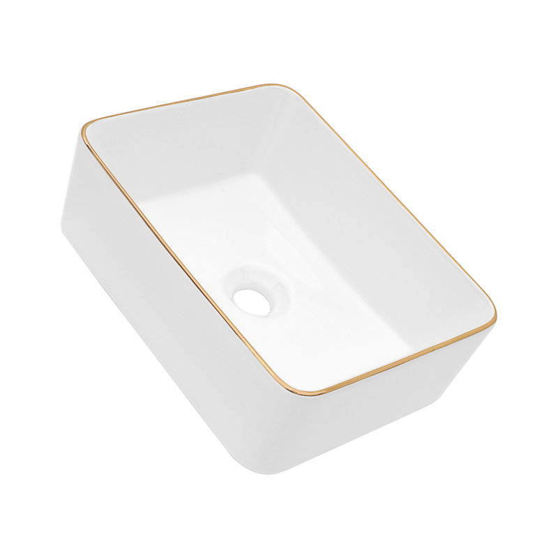 16X12 Inch White Ceramic Rectangular Vessel Bathroom Sink, White/Gold