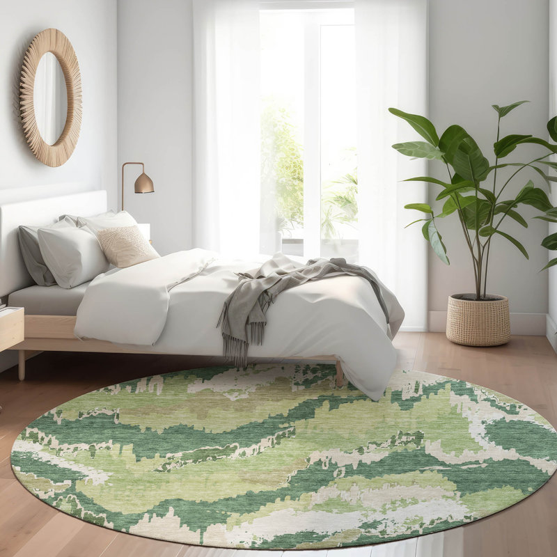 Premium Machine Washable Prisco Green Rug, Round 8'