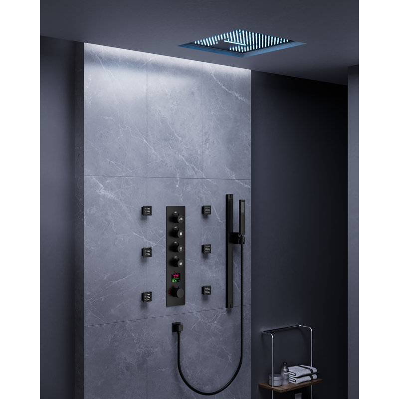 Système de douche thermostatique à affichage numérique, pomme de douche à pluie à 2 fonctions DEL 16 po avec douchette au plafond