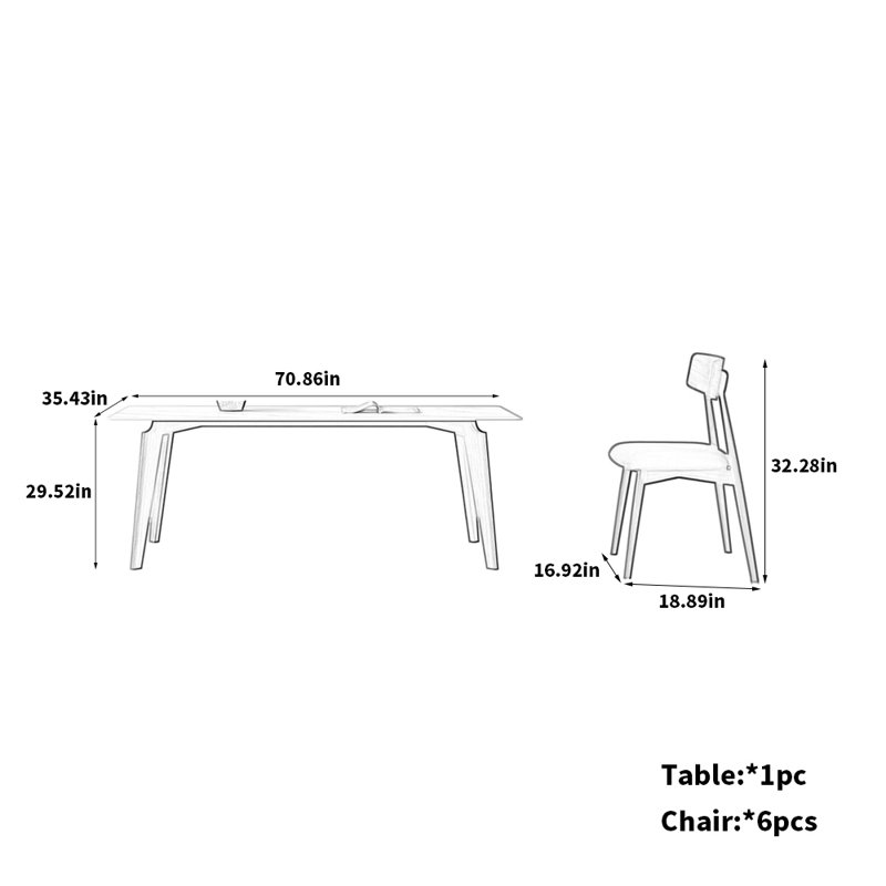 Ensemble de table en pierre de frêne blanc avec chaises en chêne, H 29,52 po x L 70,86 po x l 35,43 po