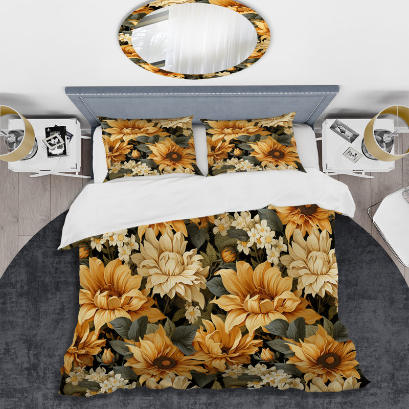 Ensemble de housse de couette à motif de tournesol jaune rustique, Housse de couette pour très grand lit et 2 très