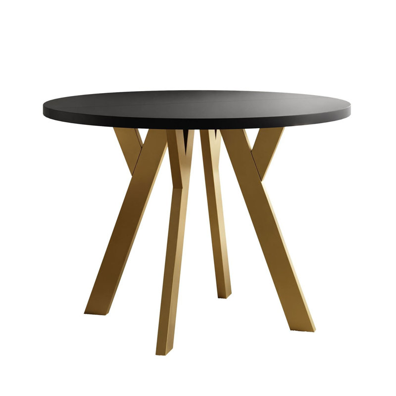 Extendable Round Metal Base Dining Table, Gold, Black