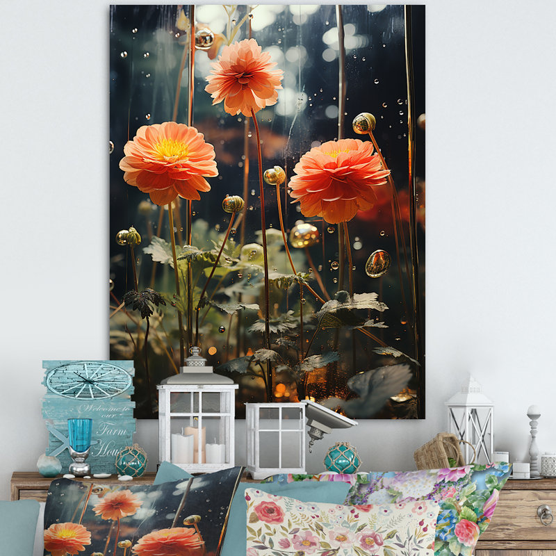 "Fleurs de zinnias orange et vertes", H 20 po x l 12 po x P 1 po, Toile tendue