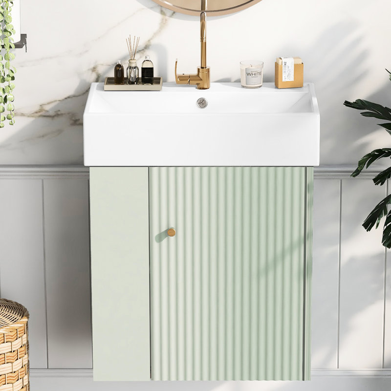 Meuble-lavabo flottant - armoire de 21,6 po avec lavabo en céramique, espace de rangement gauche pour la baignoire, trou de trop-plein, zone moderne pratique, porte à fermeture douce, finition