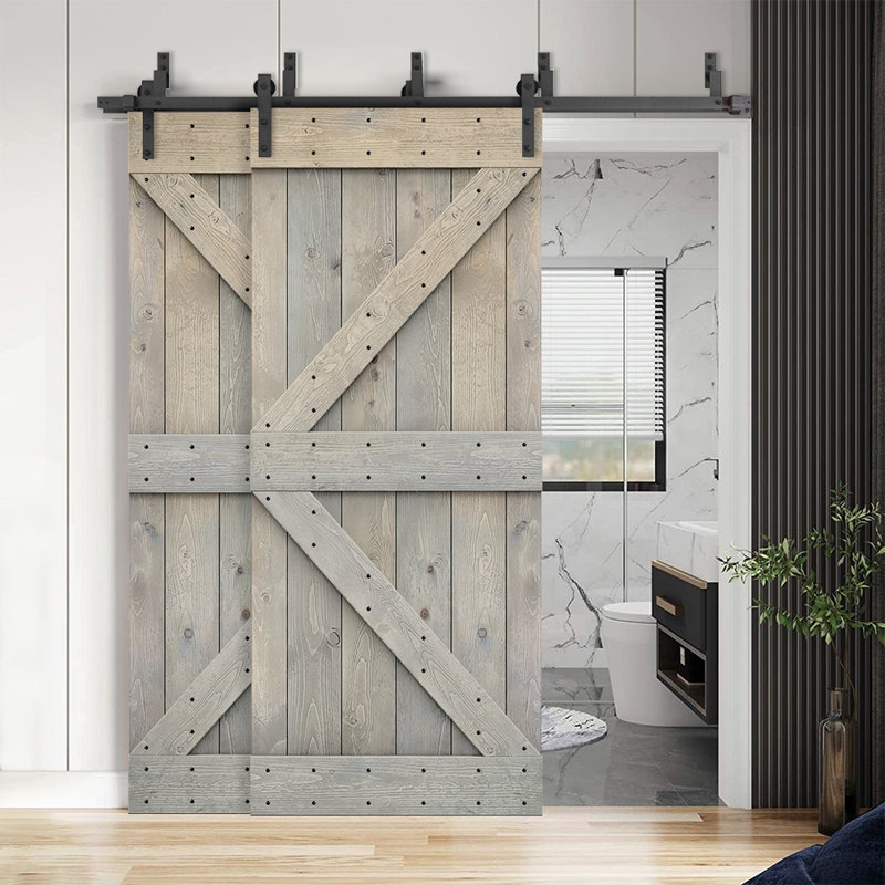 Porte de grange à panneaux et en bois avec quincaillerie d'installation, Gris fumée, 80 po x 84 po