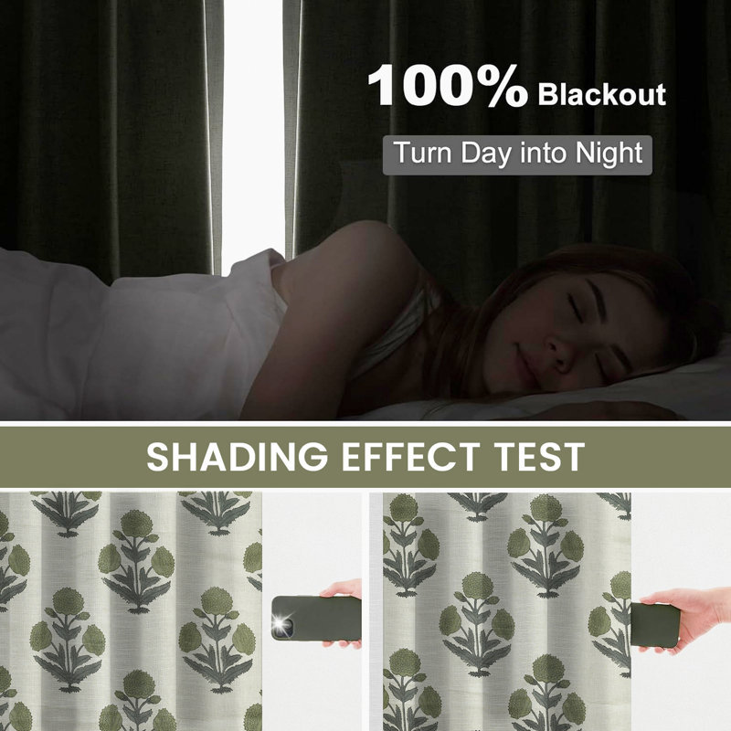 Fabdivine Home Décor Soft Pure Linen Block Print Handmade Floral Pattern Curtains, Pleated Pinch Drape for Blackout and Room Darkening in Home, Office, Patio, Green or Gray, Badshah