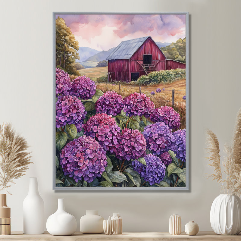 «Hydrangeas», art de toile sur toile de couleur lavande, Argent argent, Reproduction avec cadre flottant, H 20 po x l 12 po