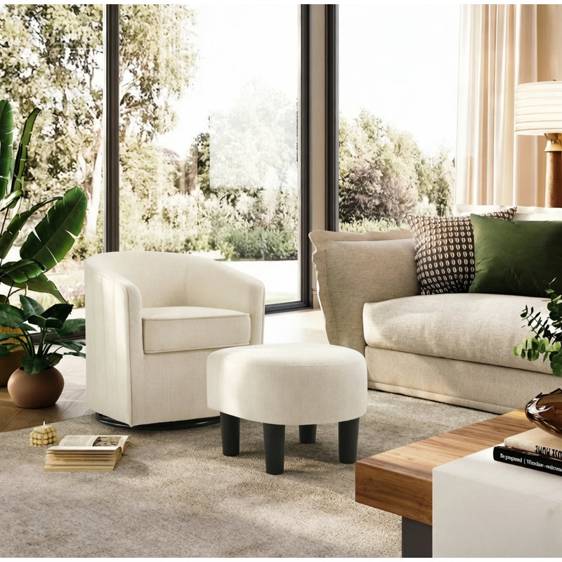 24.4" Wide Contemporary Upholstered Soft Swivel Accent Chair With Ottoman, Beige