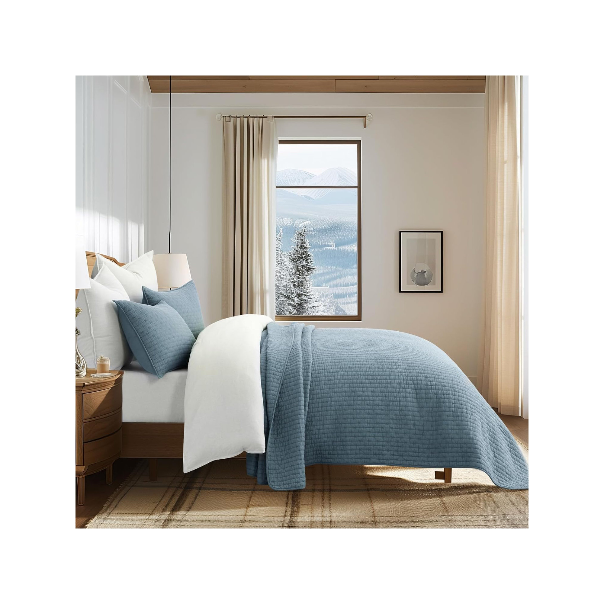 Cross Stitch Cotton Quilt set, Oversized CalKing Quilt+2Oversized Cal King Shams, Dusty Blue