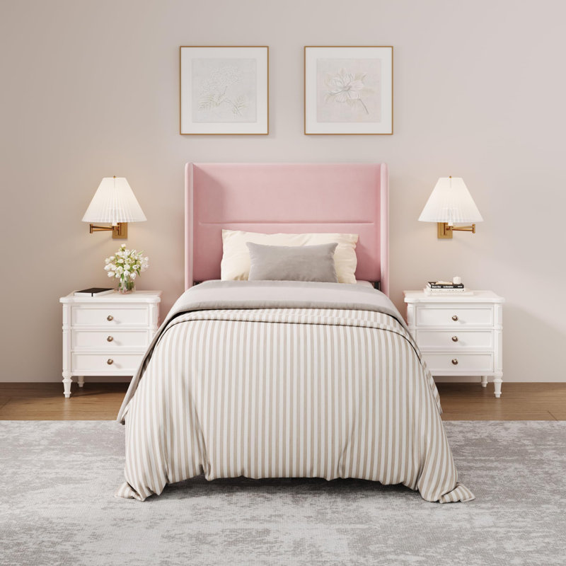 Cadre de lit rembourré pour lit simple avec tête de lit à oreilles, rose