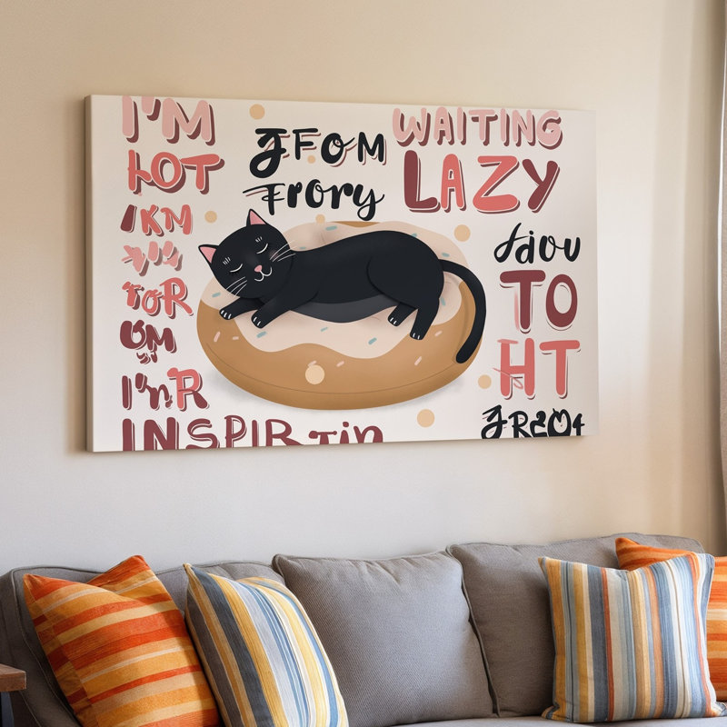 "Toile", création d'une illustration fantaisiste mettant en vedette un chat noir décontracté se prélassant sur un coussin en forme de beignet surdimensionné