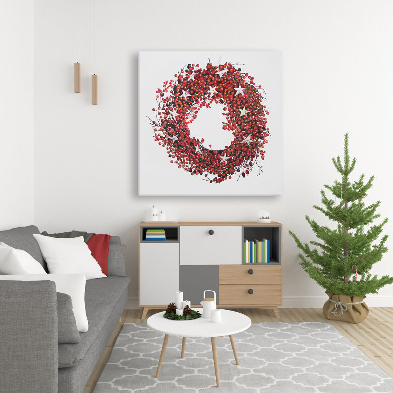 Couronne à baies rouges - Toile rouge pour décoration intérieure, H 36 po x l 36 po