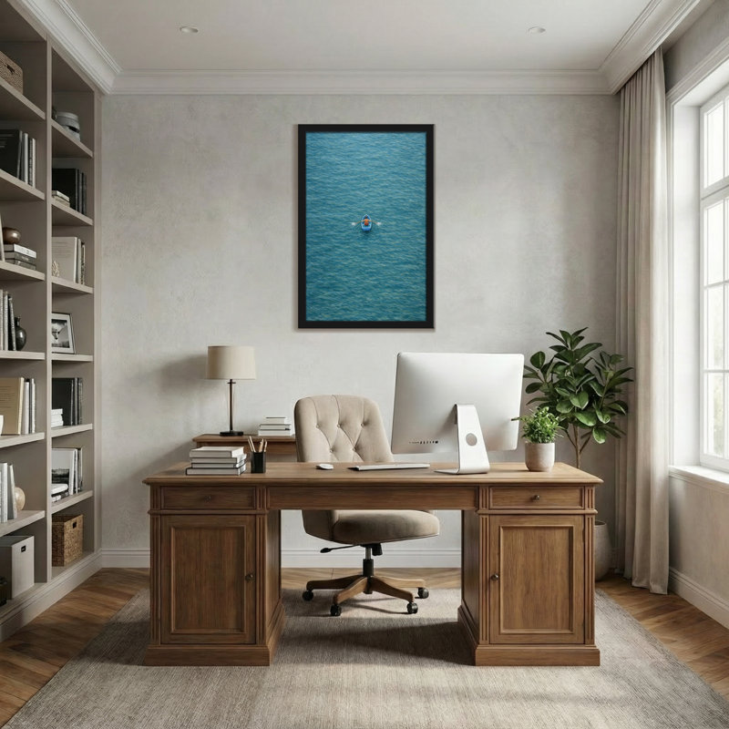 Abstract Blue Water Boat Floating Centred Scene, 18" H x 12" W