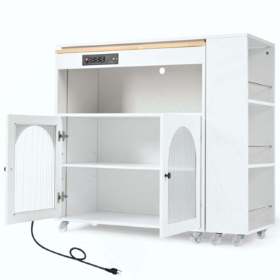 Rolling Kitchen Island With Extended Table, Kitchen Island On Wheels With LED Lights,Power Outlets And 2 Fluted Glass Doors, Kitchen Island With A Storage Compartment And Side 3 Open Shelves