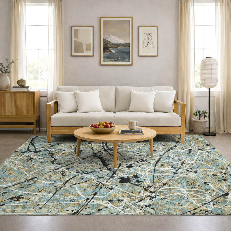 Tapis abstrait lavable à la machine de qualité supérieure Mayfield AMF2389, Sarcelle, 8 pi x 10 pi
