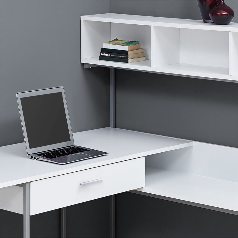 Bureau d'ordinateur, bureau personnel, coin, tiroirs de rangement, forme en L, stratifié brun, métal noir, Blanc