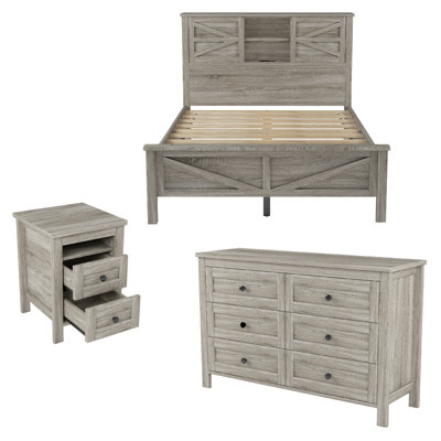 Farmhouse Bedroom Set, 3 Piece Bedroom Set with Charging Station