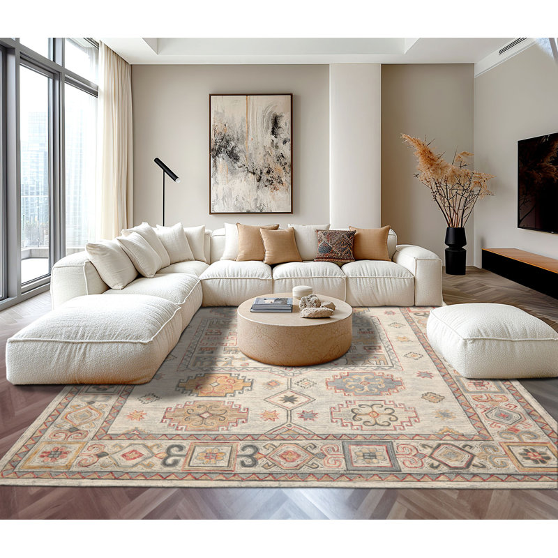 Tapis beige en laine touffeté à la main à motif géométrique transitionnel