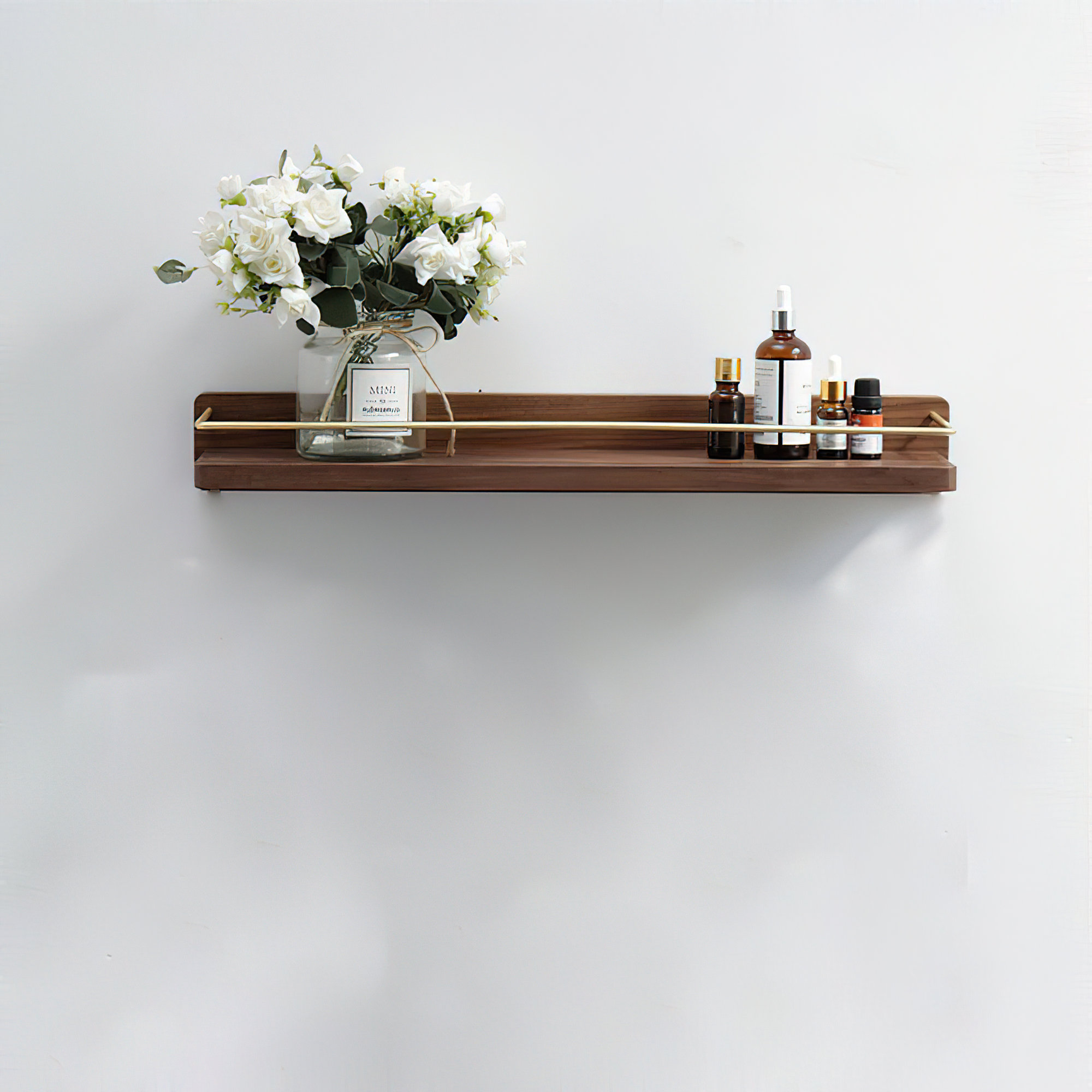 Dandre Modern Brass Wooden Shelf, 3.2" H x 20" W x 5.6" D, Walnut