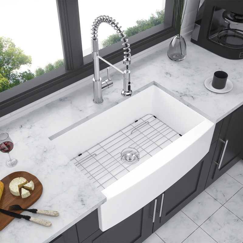 Farmhouse Sink - 30 Inch Kitchen Sink Ceramic Arch Edge Apron Front Single Bowl Farm Kitchen Sinks, Gunmetal Black