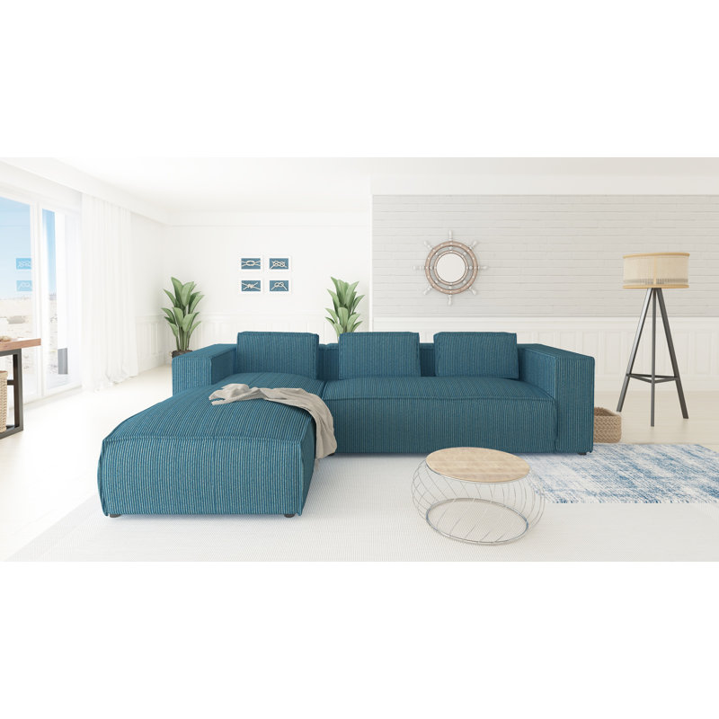 Modern L-Shape Corner Sofa  Made of Cord with Soft Seat, Turquoise, Left Hand Facing