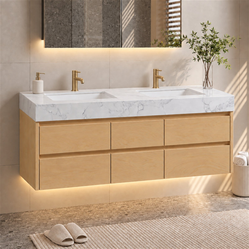 Meuble-lavabo double suspendu moderne Alvah 48 po avec comptoir en marbre, lavabos encastrés en porcelaine, tiroirs à fermeture amortie et éclairage intégré