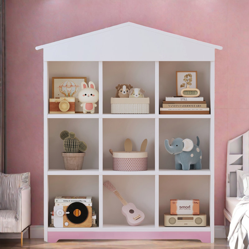 House-Shaped Storage Rack With Nine Storage Compartments And Colorblock Design, White/Pink