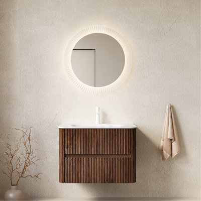 Meuble-lavabo 30 po avec lavabo, armoire de rangement murale en contreplaqué flottant avec 2 tiroirs, lavabo blanc Carrara, sans robinet, pré-assemblé, couleur grain de bois noyer rétro