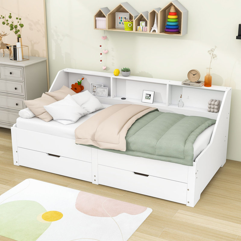 Lit de jour Phill en bois avec couchette, ports USB et 2 tiroirs Phill, Blanc