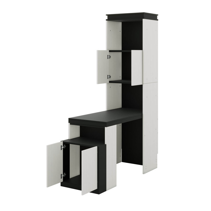 Lit escamotable double avec bureau, armoire de rangement et tablettes, cadre de lit mural pliant en bois avec support à lattes