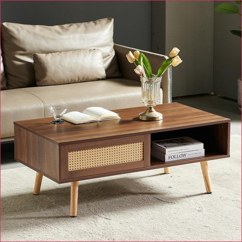 Walnut PE Rattan Coffee Table with Sliding Door Storage, Easy-Clean, Sturdy Solid Wood Legs for Living Room