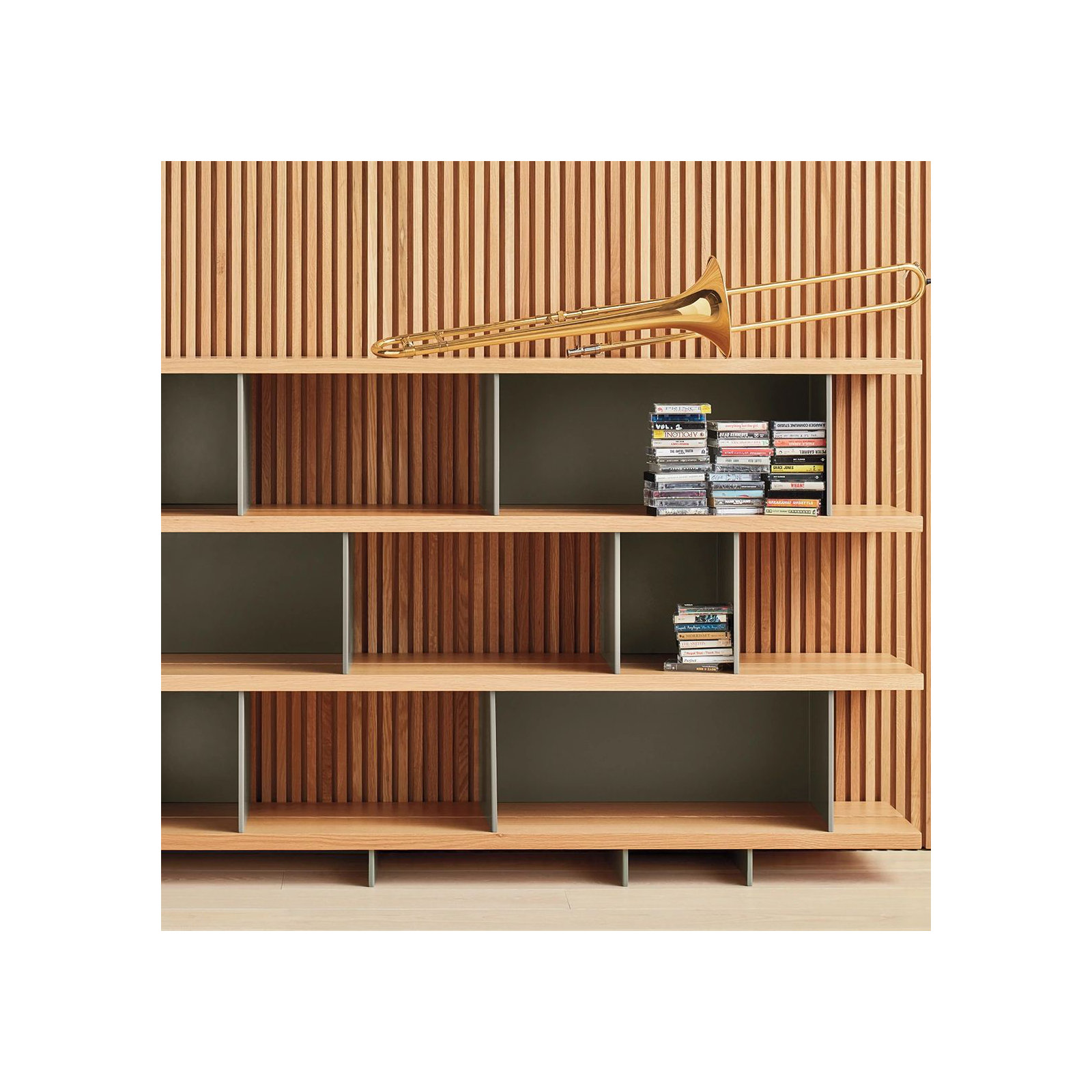 Happy Day Wide Bookcase, (4 Shelves) 41" H x 81" W x 14" D, White Oak/Gray Green