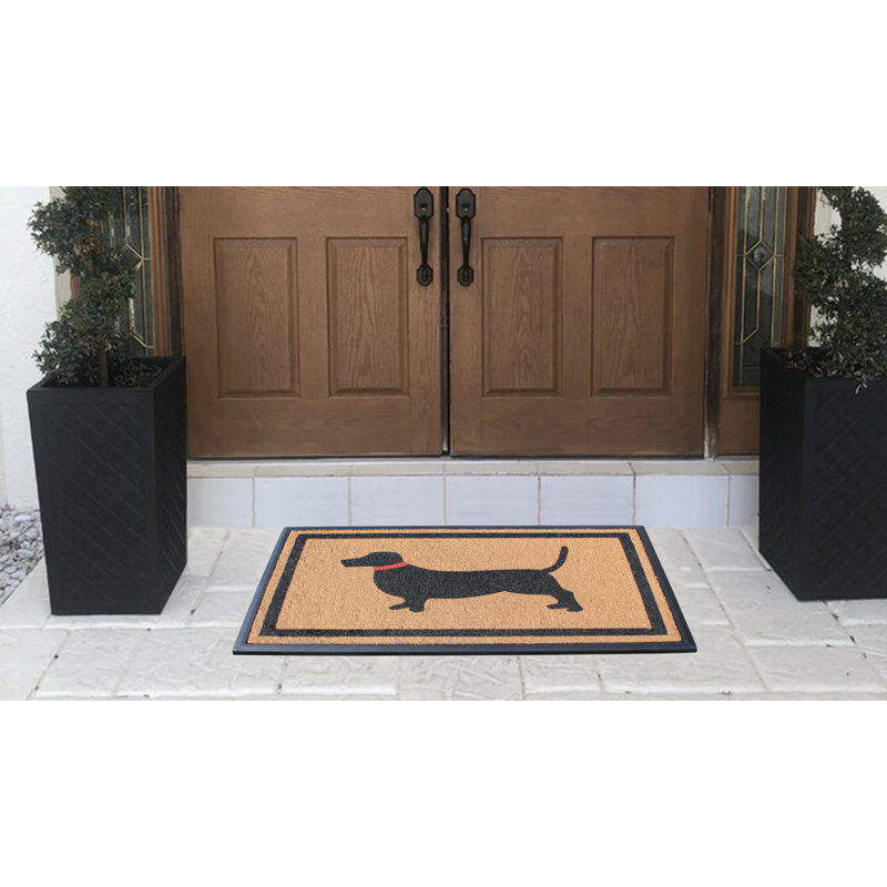 Large Black and Beige Coir Outdoor Doormat with Dog Design
