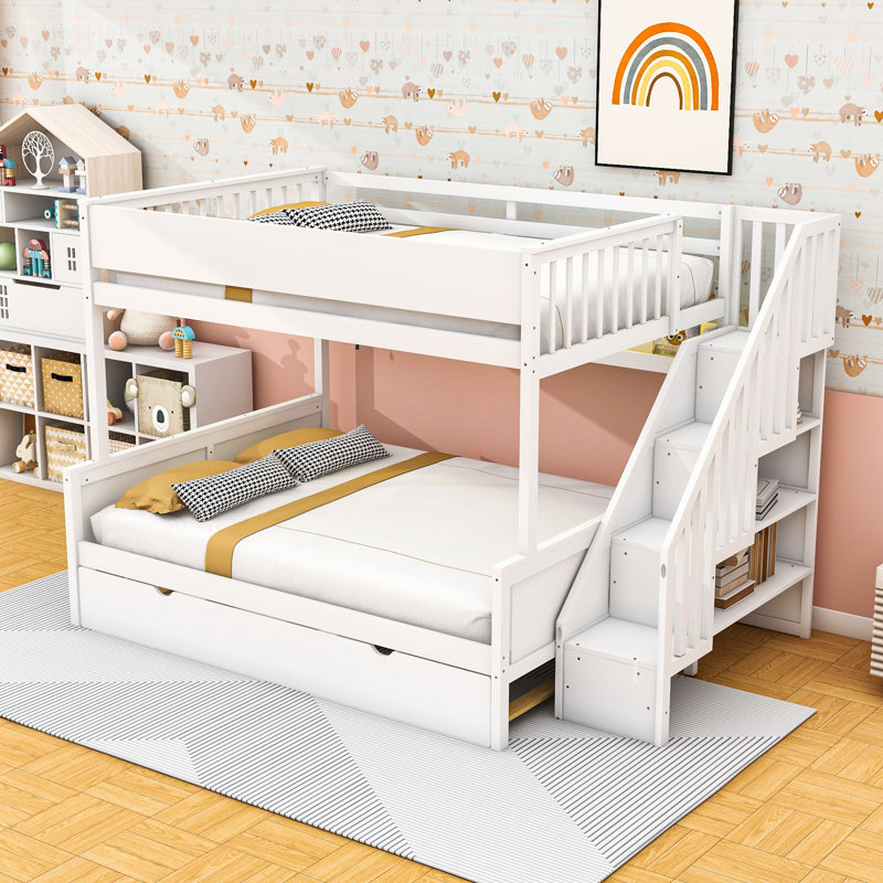 Full XL over Queen Bunk Bed with Storage Shelves and Staircase,Twin Trundle, White