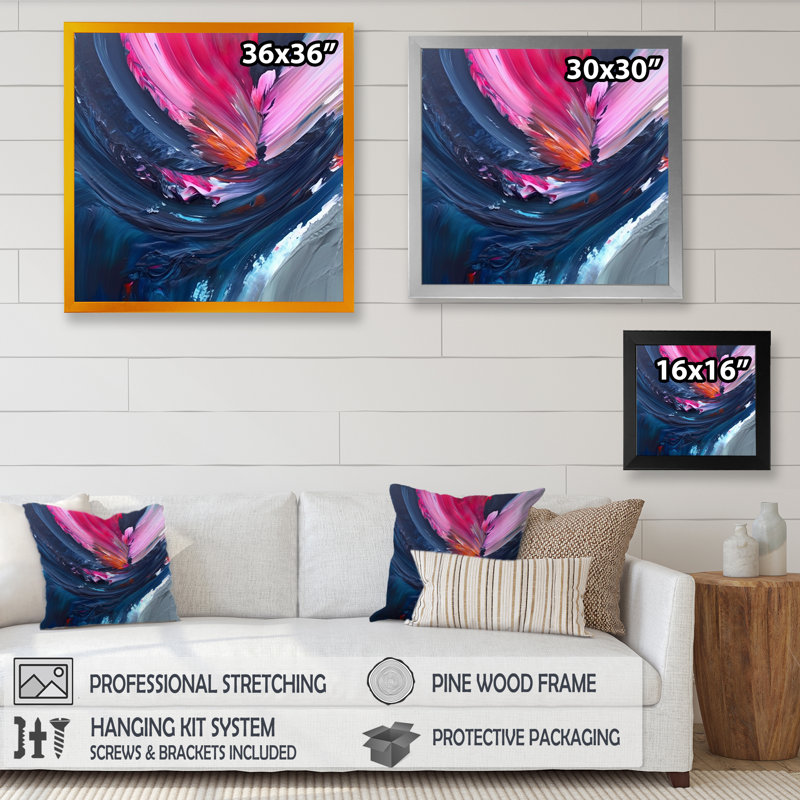Dennice, art texturé abstrait bleu et rose, Encadrement doré, H 30 po x l 30 po x P 1 po