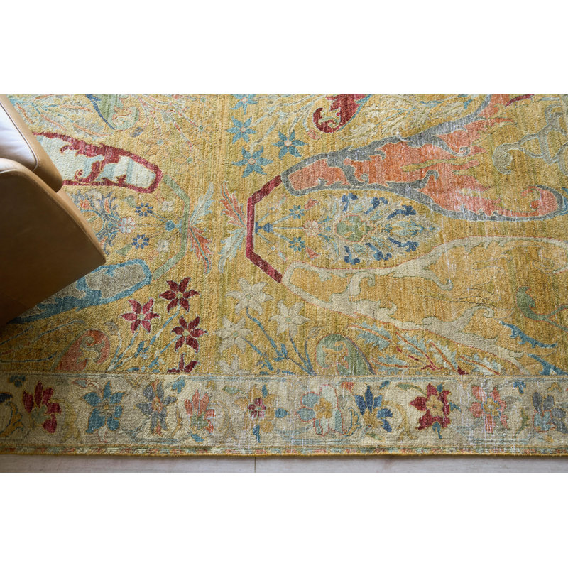 Antic Hand Knotted New Zealand Wool Gold Area Rug, 10'X14'