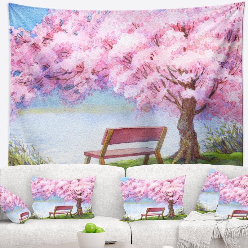 Banc sous la tapisserie fleurie de pêcher Floral, H 32 po x l 39 po