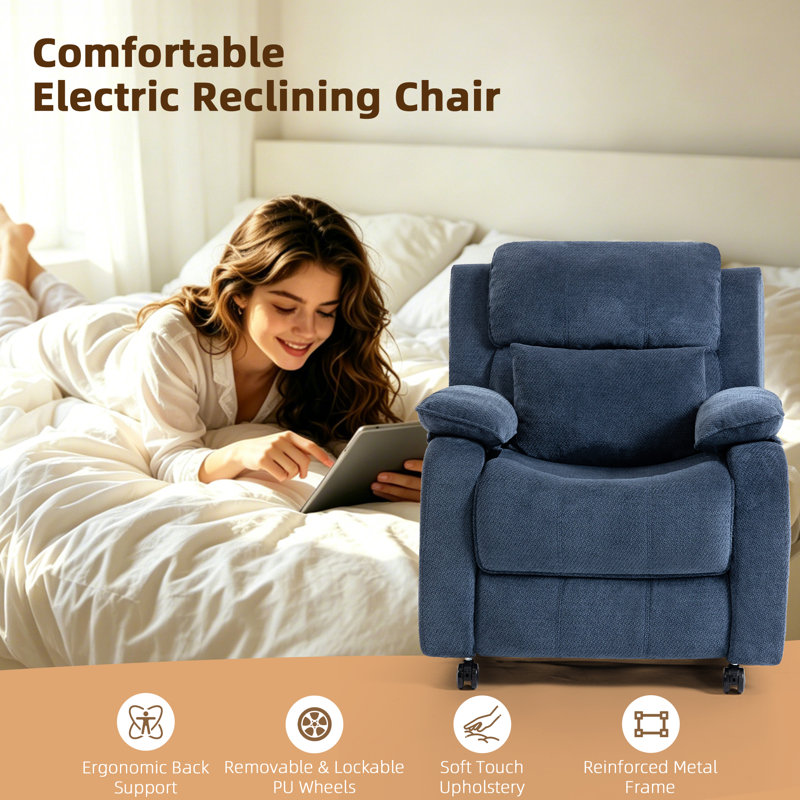 Chenille Power Recliner Chair With Wheels, Adjustable 90°-165° Reclining Sofa With Side Pocket, For Living Room Bedroom
