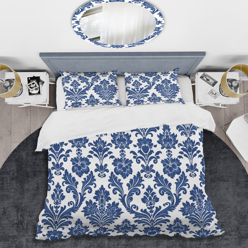 Blue White Timeless Damask Glamour Art II - Transitional Duvet Cover Set, King Duvet Cover + 2 King Shams