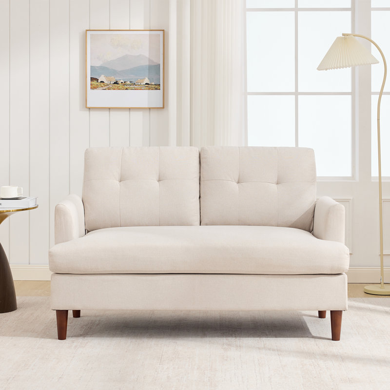 Causeuse capitonnée à accoudoirs carrés en chenille, Beige