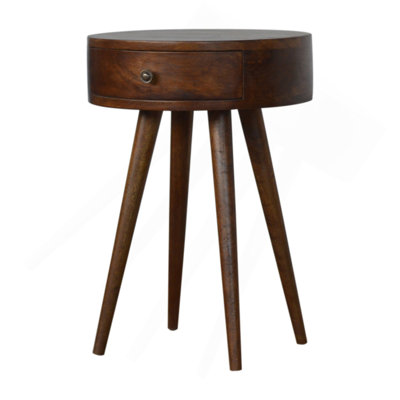 Table de chevet circulaire Nordic Chestnut, pieds nordiques, 1 tiroir