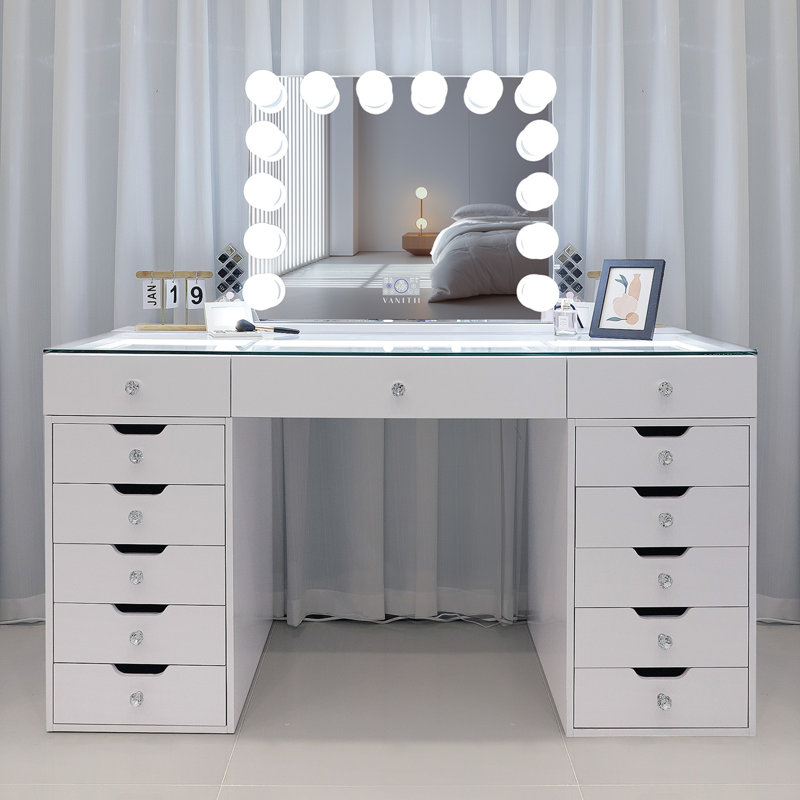 Makeup Vanity Set with LED Lighted Mirror HD Glass Top Built-in LED Light Strips Large 13 Drawers