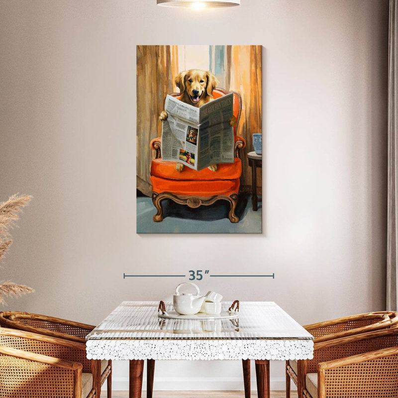Golden Retriever lecture des nouvelles, H 45 po x l 30 po