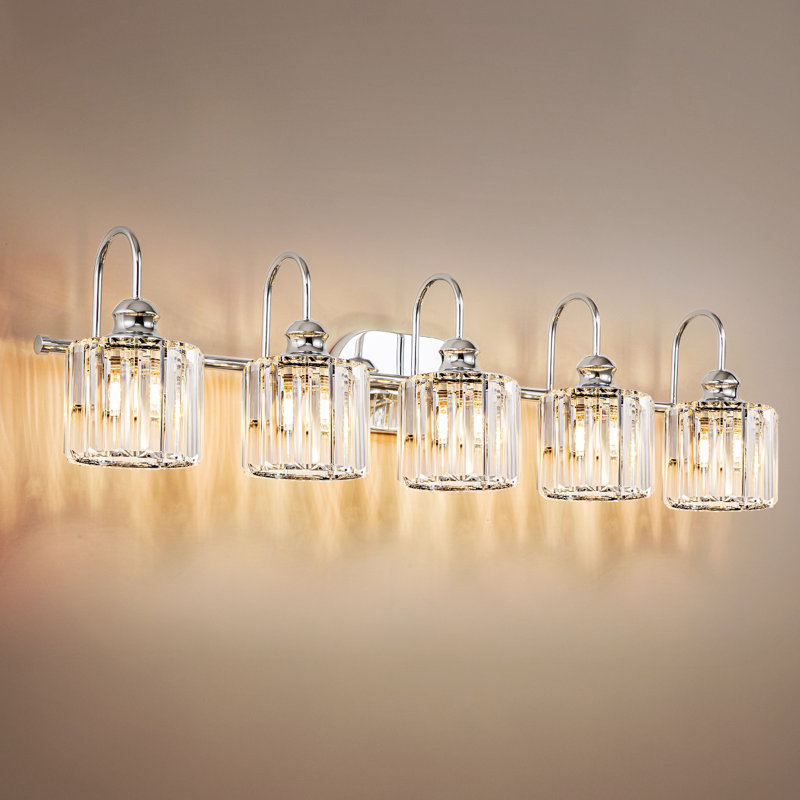 Gjystina 3-Light Dimmable Gold-Black/Chrome Crystal Vanity Light, Silver, 5 Lights