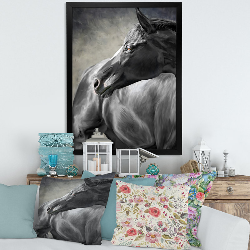 Portrait d'un cheval noir - peinture sur toile, H 20 po x l 12 po x P 1,5 po, Toile avec cadre noir