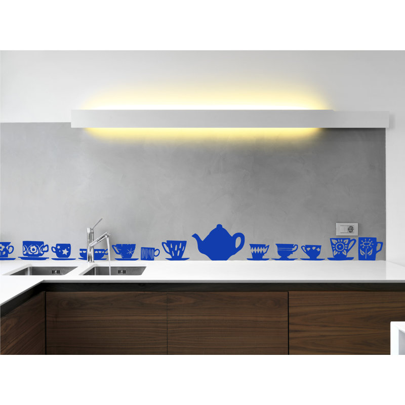Décalcomanie murale tasses de thé, H 23 po x l 24 po x P 0,01 po, Bleu foncé