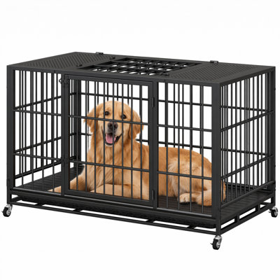 Cage pour chien robuste avec roues verrouillables, grande cage pliante en métal pour grands et moyens chiens avec loquet rotatif, plateau perforé et plateau amovible