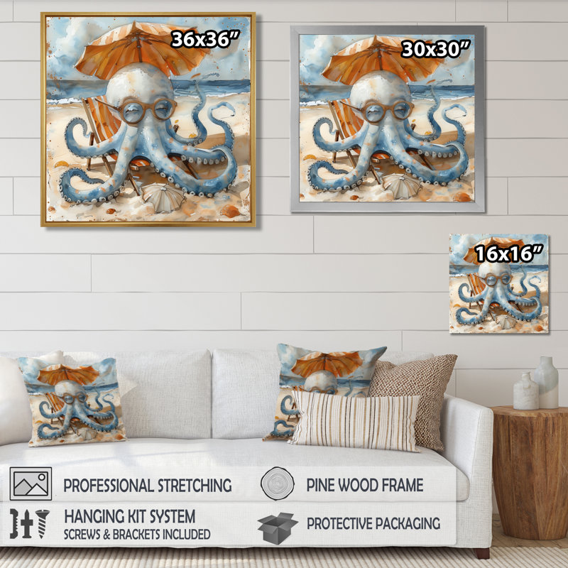 Pieuvre sur la plage à Hawaï II - pieuvre, décoration murale, Toile encadrée noire simple, H 16 po x l 16 po x P 1 po