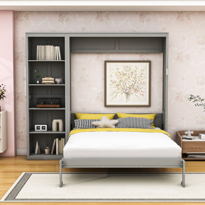 Lit escamotable en bois avec tablettes et tête de lit, Gris, Double