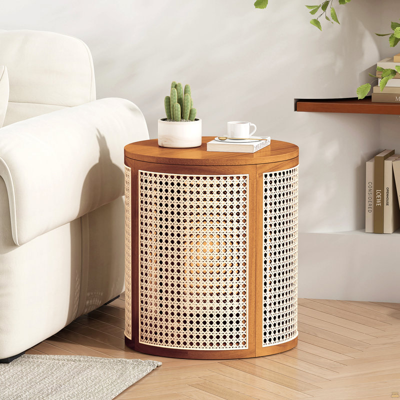 15.70" Round End Table, Hollow Woven Side Table, Small Rubber Wood Nightstand, Walnut